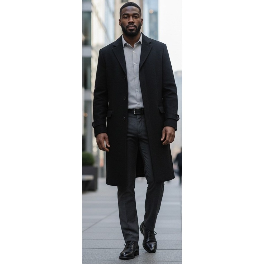 London Fog Overcoat 45R Black Wool Blend Long Trench Coat Classic Professional